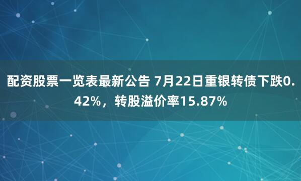 配资股票一览表最新公告 7月22日重银转债下跌0.42%，转股溢价率15.87%
